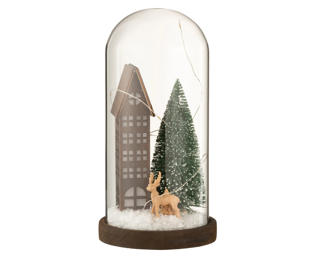 15149 Glazen Stolp LED-lampjes & Huis BruinGroen Groot 27 cm Glazen Stolp LED-lampjes & Huis Bruin/Groen Groot | 27 cm