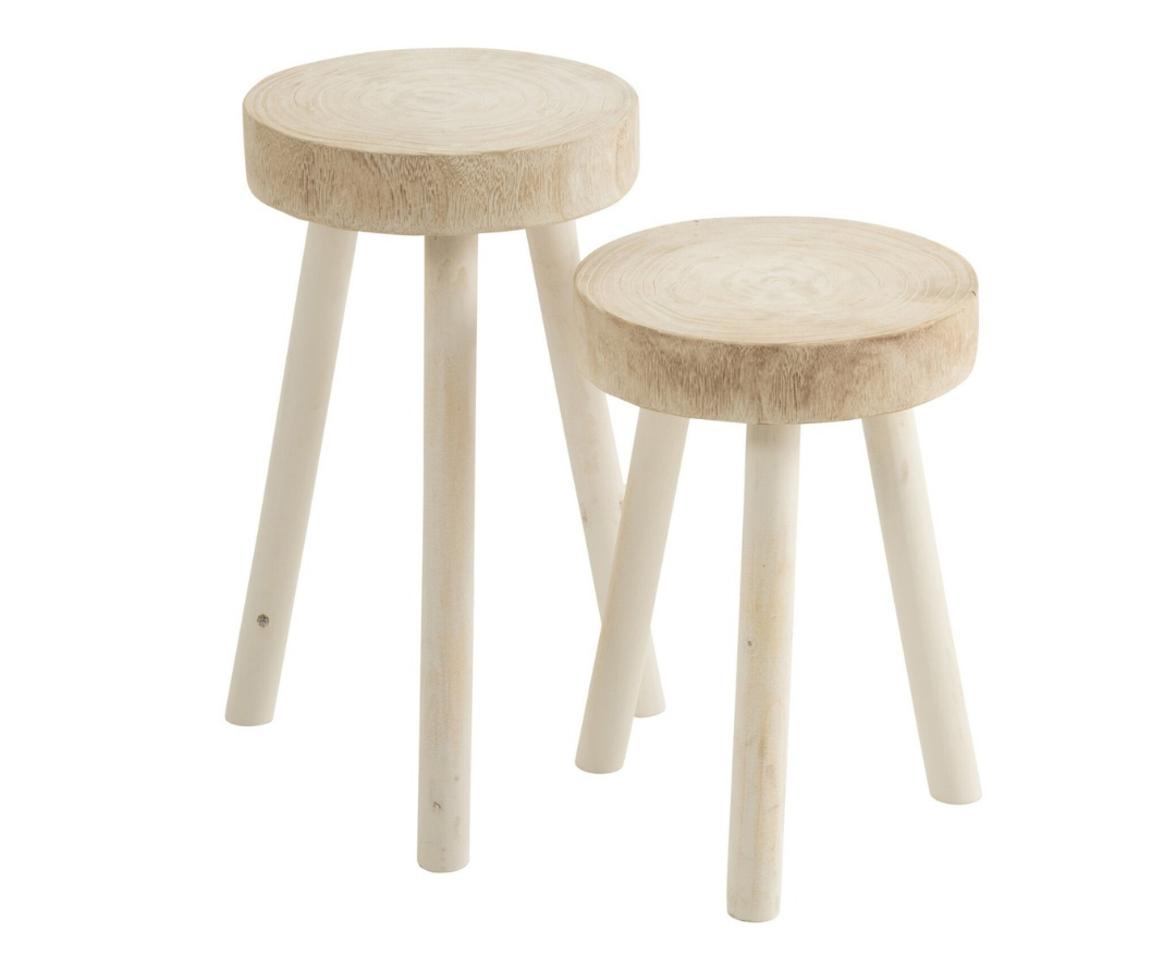 23922 set van 2 houten witte krukjes Paulownia set van 2 houten witte krukjes