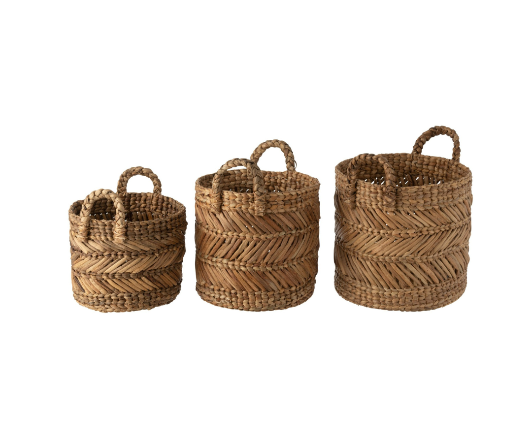30980 mandenset gevlochten raffia Set van 3 gevlochten raffiamanden naturel