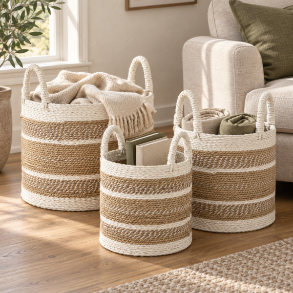 Set van 3 Caro Raffia manden wit/naturel