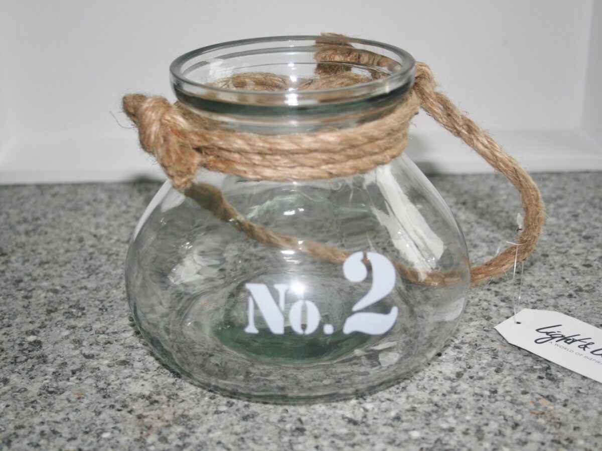 Windlicht Nr. 2 glas met handvat van touw