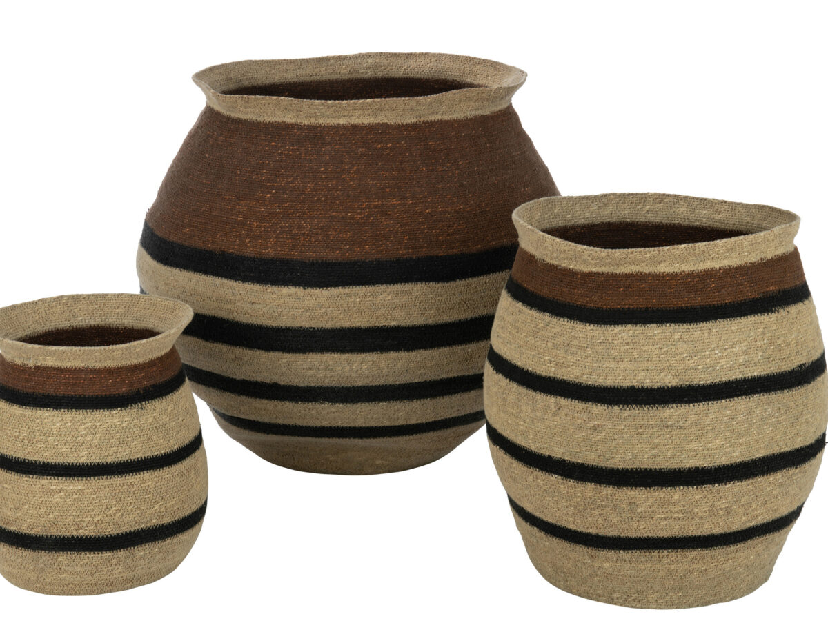 Set van 3 manden Rond Gestreept Marie Zeegras Bruin Zwart