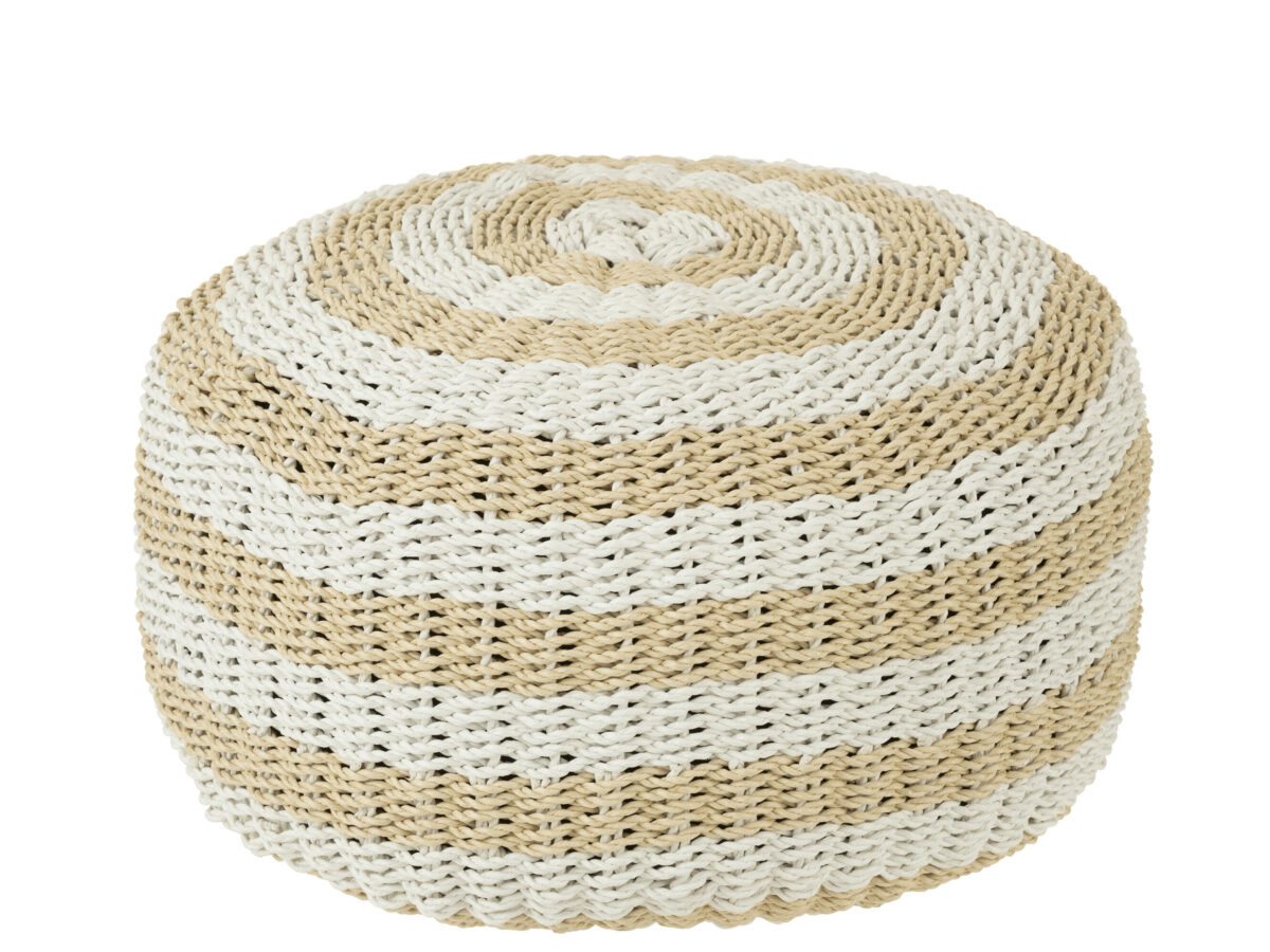 Poef Ronde Strepen Geweven Wit/Naturel