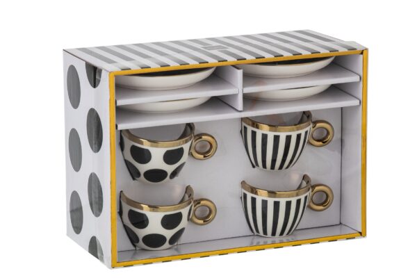 Cadeau doos met 4 kopjes en schotels van keramiek