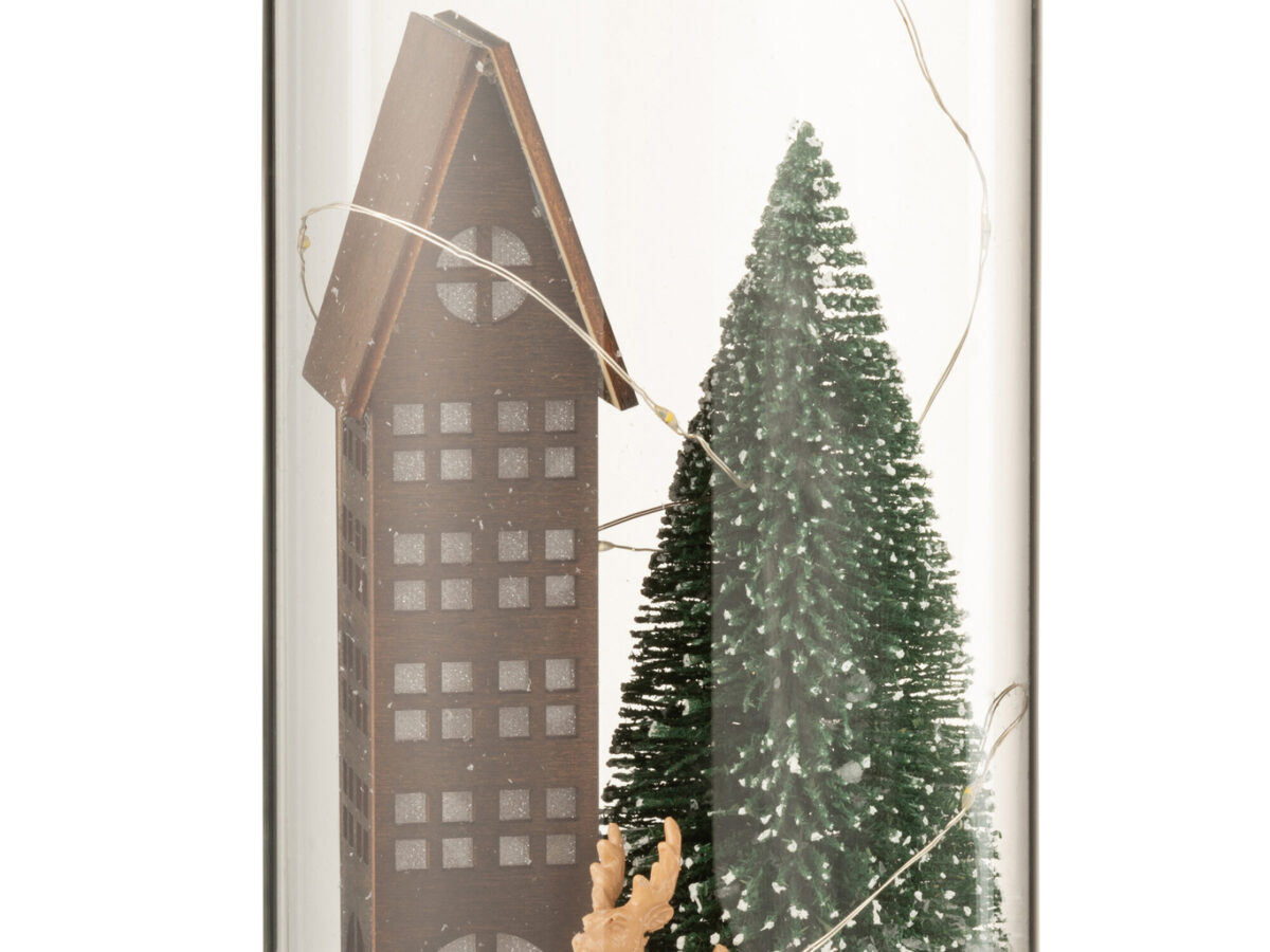 Glazen Stolp LED-lampjes & Huis Bruin/Groen Groot | 27 cm