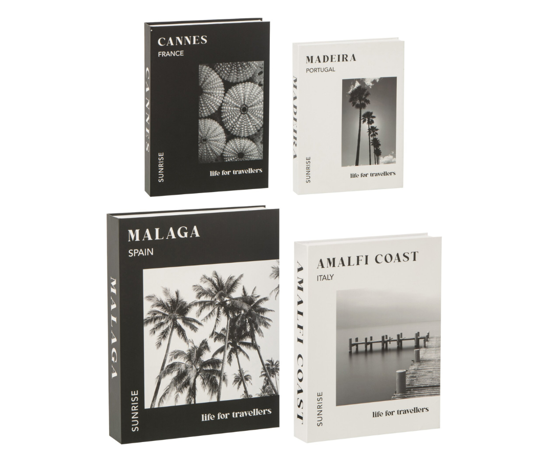 Set van 4 Decoratieve Opbergboeken Reizen Zwart/Wit J-line