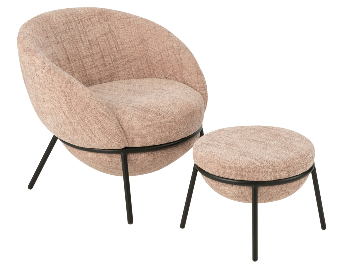 Loungestoel + Poef Esmeralda Poederroze J-line