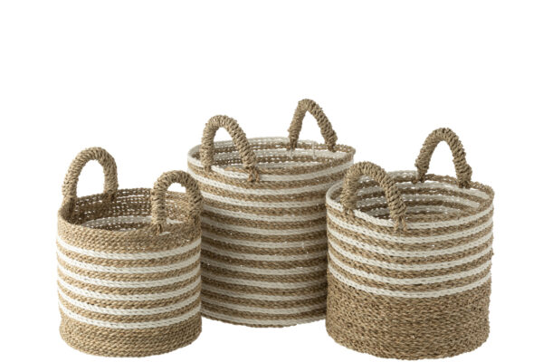 Set van 3 gestreepte manden Raffia wit/naturel