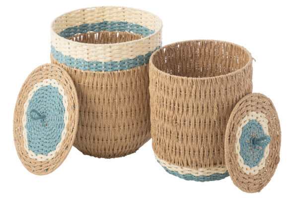 Set van 2 manden Summer met deksel naturel/lichtblauw