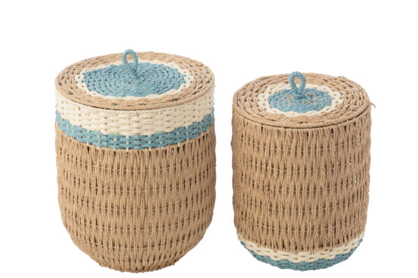 Set van 2 manden Summer met deksel naturel/lichtblauw