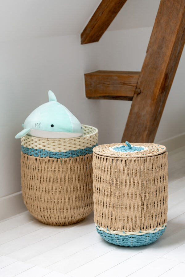 Set van 2 manden Summer met deksel naturel/lichtblauw