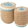 Set van 2 manden Summer met deksel naturel/lichtblauw