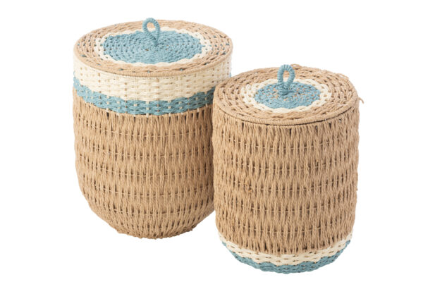 Set van 2 manden Summer met deksel naturel/lichtblauw