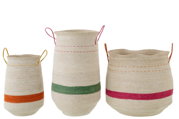 Set 3 manden gestreept zeegras met handvat meerkleurig